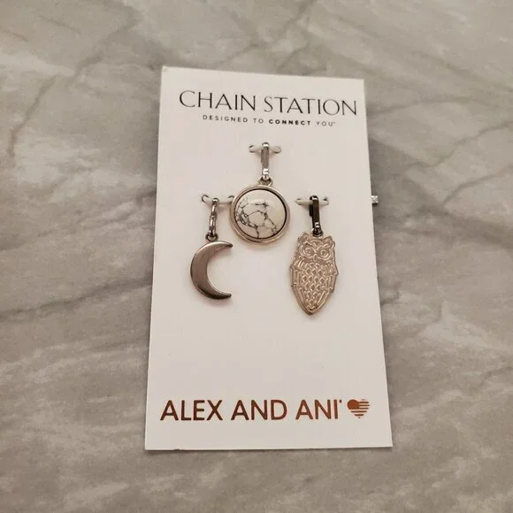 🌙 Alex and Ani Moon Owl Marble Wisdom Set Chain Station Charm Set 🦉 - Picture 1 of 3